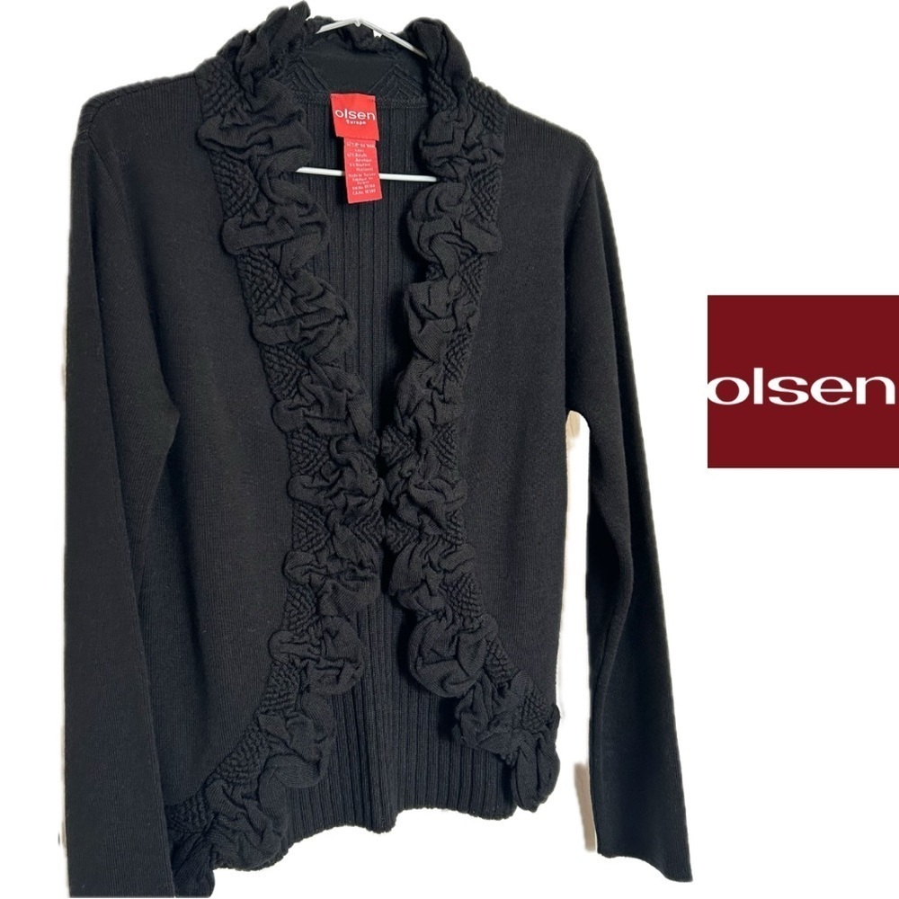 Olsen Europe Black Merino Wool Blend Ruffled Front Cardigan Size 6